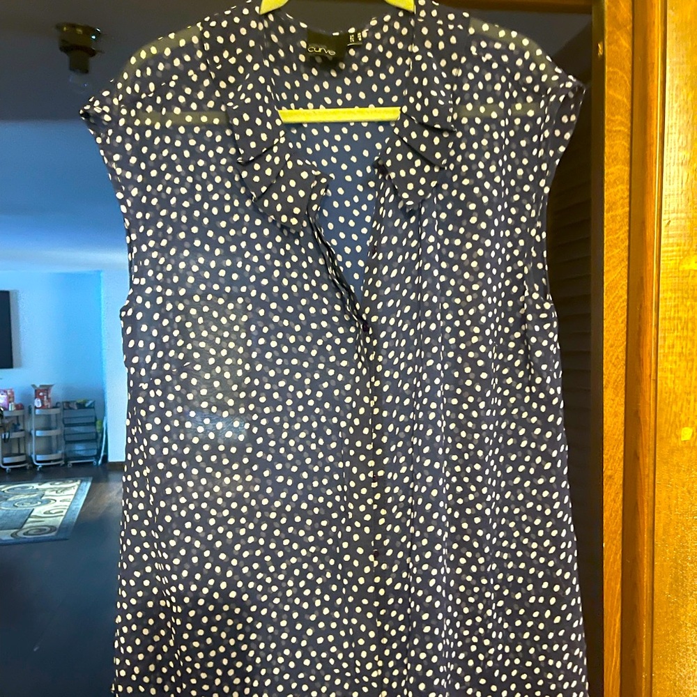ASOS Curve Sheer Navy Blue Polka Dot button up blouse